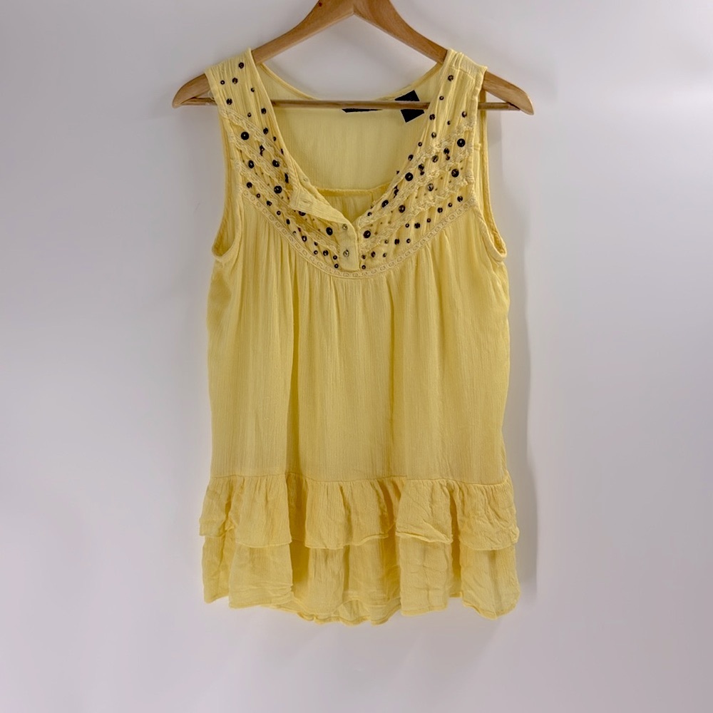 Life Style Yellow boho flowing sleeveless tunic top summer beaded gauze womens